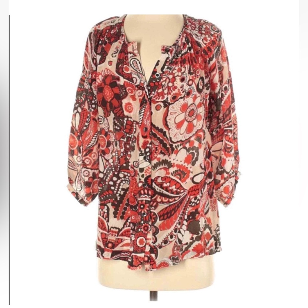 *Banana Republic Red and Black Floral Paisley 100% Silk Small Blouse #IR